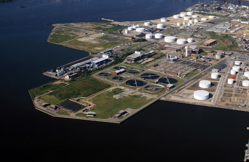 An aerial view of the Patapsco Wastewater Treatment Plant